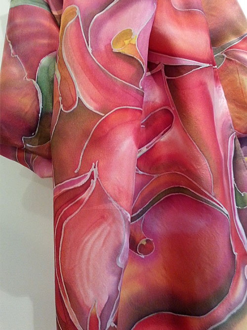 Red Lilies on Silk, Silk painting, shawl silk