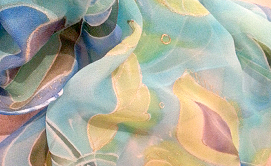 Silk painting, blue patterns, scarf